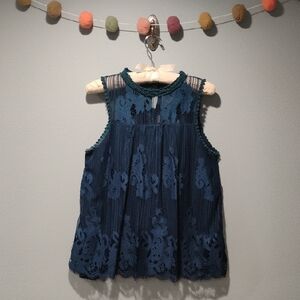 Sleeveless Lace Overlay Lined Tank Top - Teal Blue